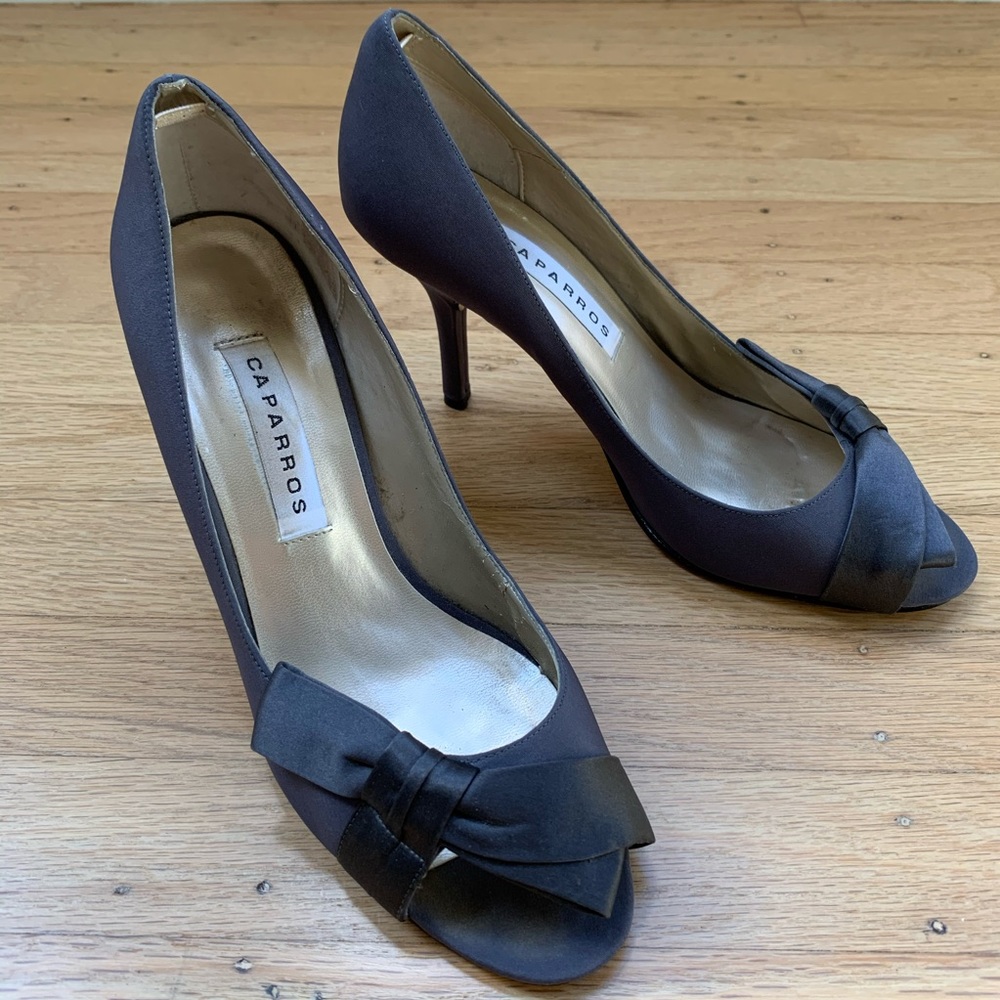 Gray Satin Peep Toe Heels